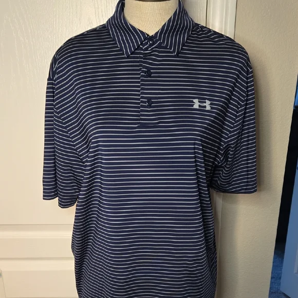 Under Armour Men's Blue and White Striped Polo - Picture 1 of 5